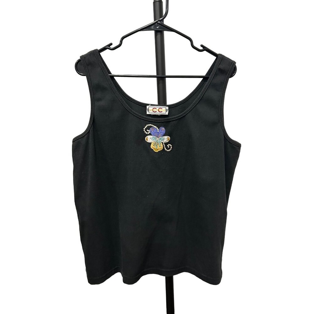 CC Sportswear Black Tank Top With Embroidered Flower Design